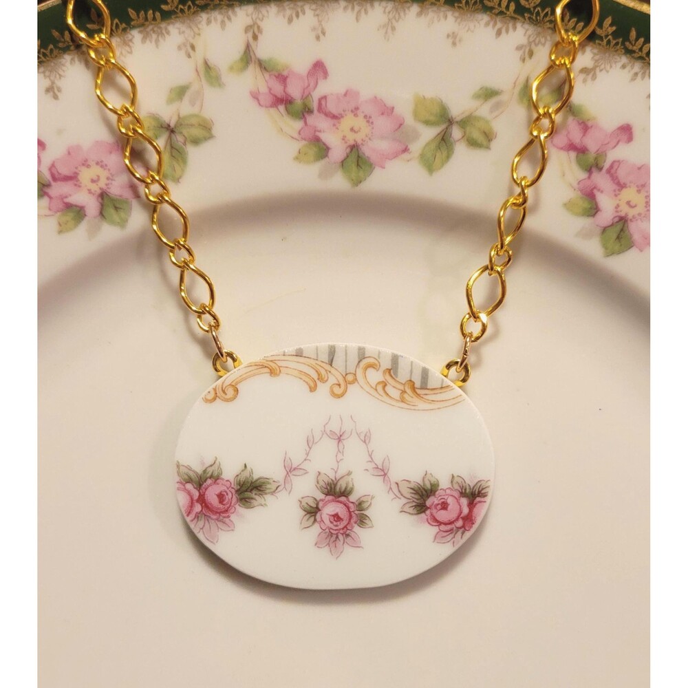 Broken China Noritake Triple Rose Swag Handcrafted Pendant Necklace